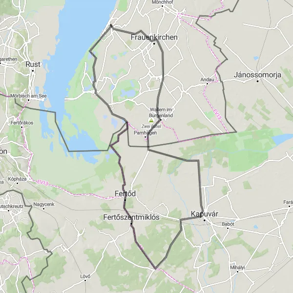 Map miniature of "Frauenkirchen to Aussichtswarte Hölle Road Route" cycling inspiration in Burgenland, Austria. Generated by Tarmacs.app cycling route planner