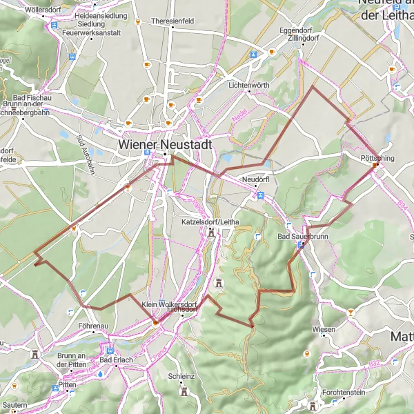 Zemljevid v pomanjšavi "Pöttsching - Gespitzter Riegel - Lanzenkirchen - Wiener Neustadt - Rastplatz Rosalia-Radweg - Pöttsching" kolesarske inspiracije v Burgenland, Austria. Generirano z načrtovalcem kolesarskih poti Tarmacs.app