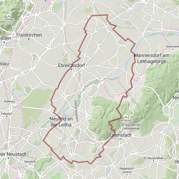 Miniatua del mapa de inspiración ciclista "Ruta de grava por Ebenfurth y alrededores" en Burgenland, Austria. Generado por Tarmacs.app planificador de rutas ciclistas