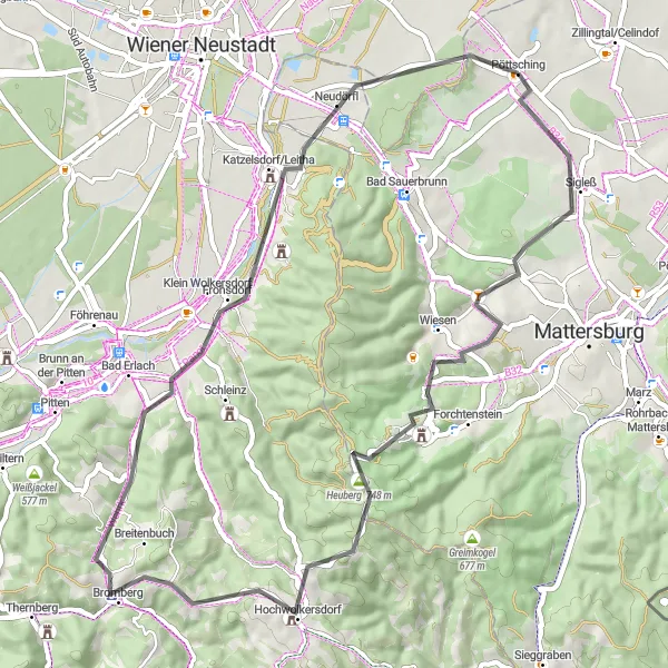 Miniatua del mapa de inspiración ciclista "Ruta escénica en carretera desde Pöttsching" en Burgenland, Austria. Generado por Tarmacs.app planificador de rutas ciclistas