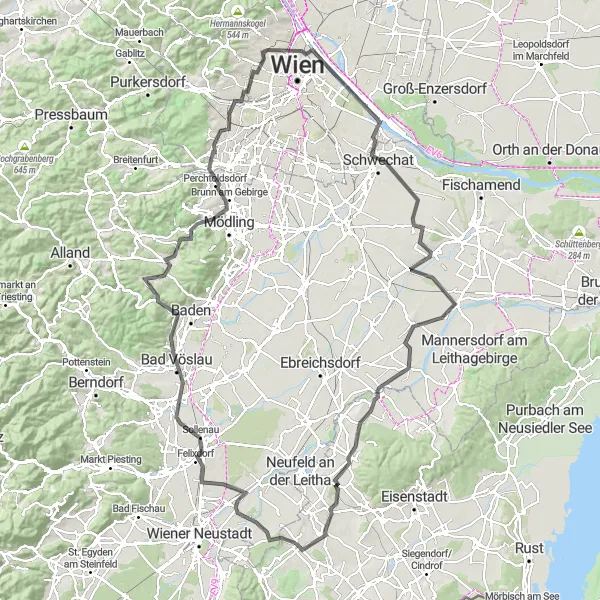 Miniatura della mappa di ispirazione al ciclismo "Alla scoperta dei paesaggi collinari" nella regione di Burgenland, Austria. Generata da Tarmacs.app, pianificatore di rotte ciclistiche