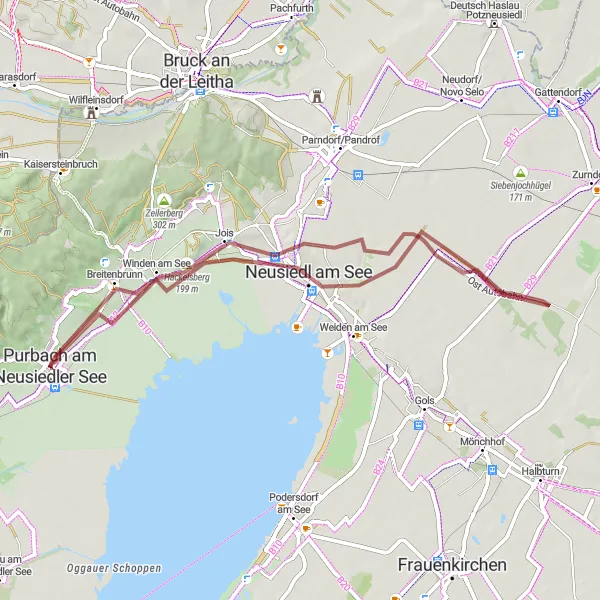 Miniaturní mapa "Gravelová cyklotrasa přes Neziderské jezero a okolí" inspirace pro cyklisty v oblasti Burgenland, Austria. Vytvořeno pomocí plánovače tras Tarmacs.app