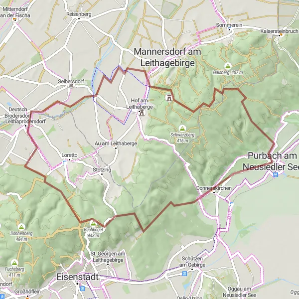 Miniatura della mappa di ispirazione al ciclismo "Giro Gravel attraverso le colline intorno a Purbach am Neusiedler See" nella regione di Burgenland, Austria. Generata da Tarmacs.app, pianificatore di rotte ciclistiche