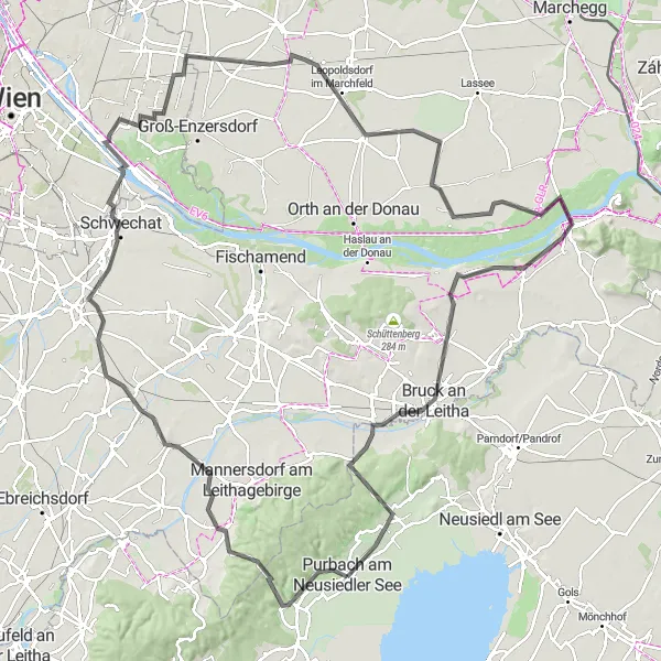 Kartminiatyr av "Oppdag landsbyer og naturskjønne omgivelser" sykkelinspirasjon i Burgenland, Austria. Generert av Tarmacs.app sykkelrutoplanlegger