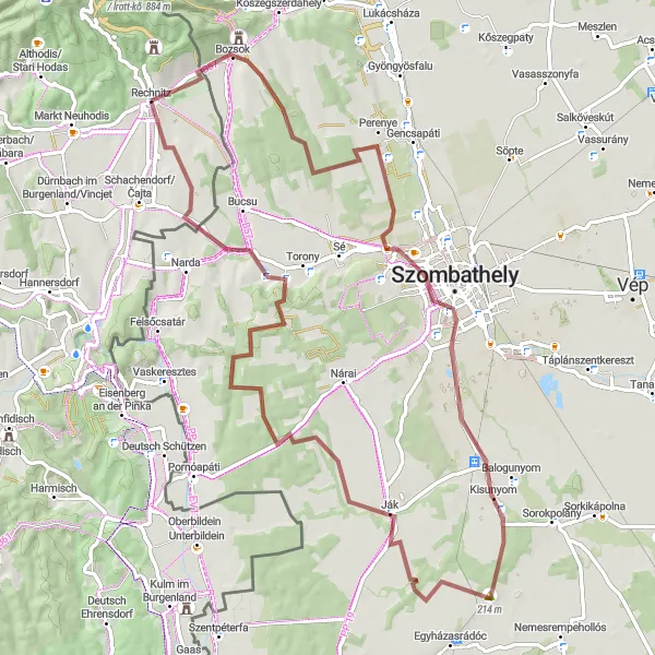 Miniaturní mapa "Gravelová cyklostezka okolo Rechnitz" inspirace pro cyklisty v oblasti Burgenland, Austria. Vytvořeno pomocí plánovače tras Tarmacs.app