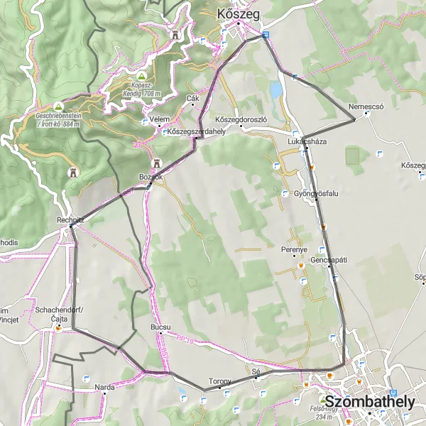 Miniatua del mapa de inspiración ciclista "Ruta de ciclismo por carretera cerca de Rechnitz" en Burgenland, Austria. Generado por Tarmacs.app planificador de rutas ciclistas