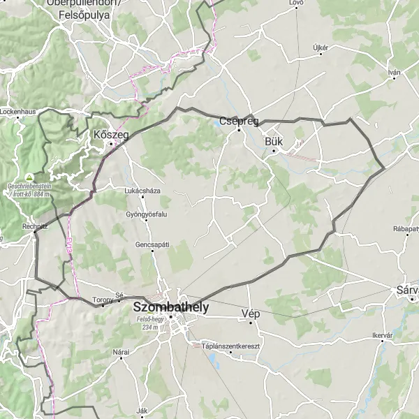 Mapa miniatúra "Challenging road cycling route through the countryside" cyklistická inšpirácia v Burgenland, Austria. Vygenerované cyklistickým plánovačom trás Tarmacs.app