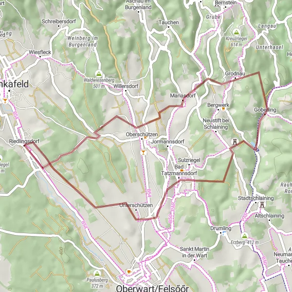 Miniatua del mapa de inspiración ciclista "Ruta Gravel a Pfaffenberg y Bad Tatzmannsdorf" en Burgenland, Austria. Generado por Tarmacs.app planificador de rutas ciclistas