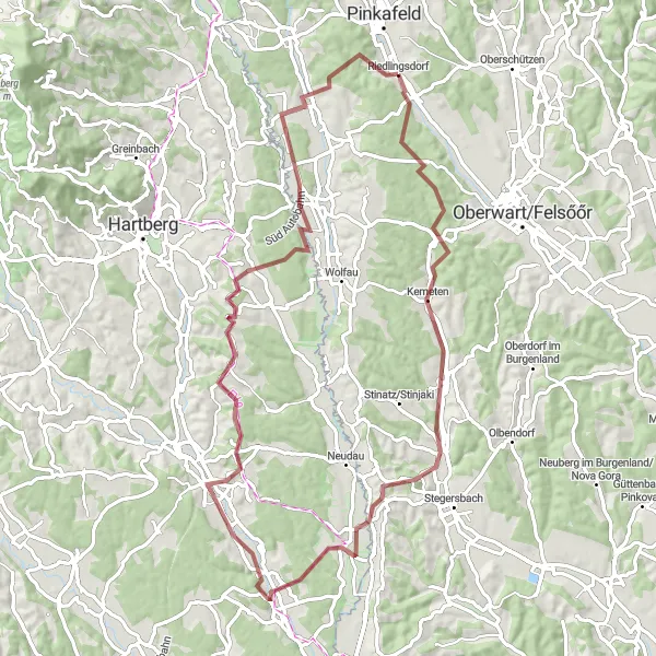 Miniatura della mappa di ispirazione al ciclismo "Avventura in Gravel tra le Colline di Burgenland" nella regione di Burgenland, Austria. Generata da Tarmacs.app, pianificatore di rotte ciclistiche