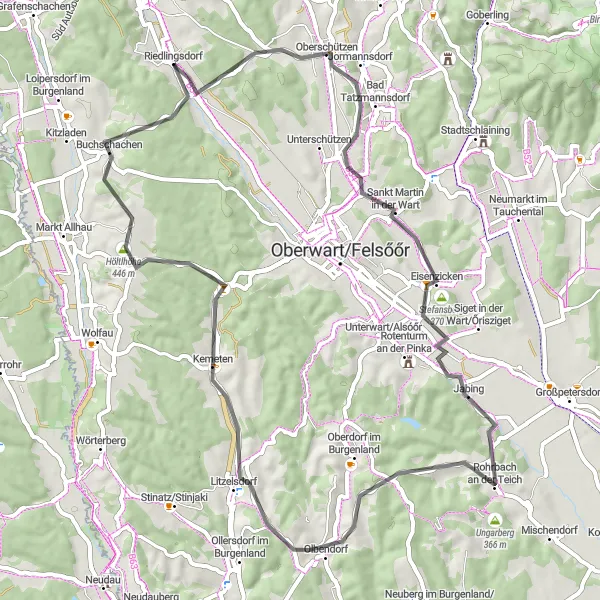 Miniaturní mapa "Trasa kolem Riedlingsdorfu a okolí" inspirace pro cyklisty v oblasti Burgenland, Austria. Vytvořeno pomocí plánovače tras Tarmacs.app