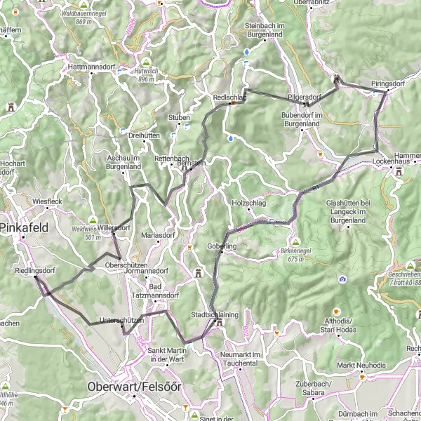 Miniatua del mapa de inspiración ciclista "Riedlingsdorf - Oberschützen - Guglhupf - Pilgersdorf - Piringsdorf - Pullersberg - Unterschützen" en Burgenland, Austria. Generado por Tarmacs.app planificador de rutas ciclistas