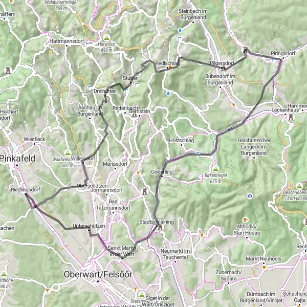 Miniatuurkaart van de fietsinspiratie "Wegroute naar Dreihütten en Pullersberg" in Burgenland, Austria. Gemaakt door de Tarmacs.app fietsrouteplanner