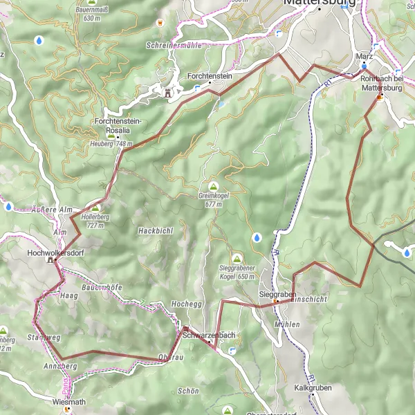 Miniatuurkaart van de fietsinspiratie "Rohrbach-Brenntenriegel-Schwarzenbach-Auerberg-Marz-Rohrbach" in Burgenland, Austria. Gemaakt door de Tarmacs.app fietsrouteplanner