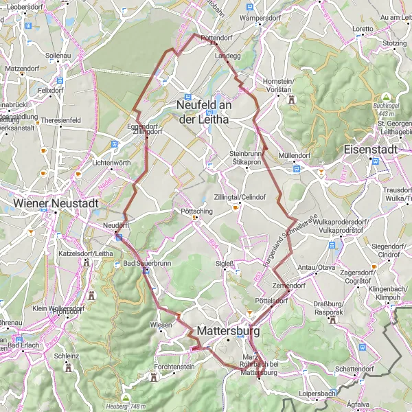 Map miniature of "Gravel Adventure through Burgenland" cycling inspiration in Burgenland, Austria. Generated by Tarmacs.app cycling route planner