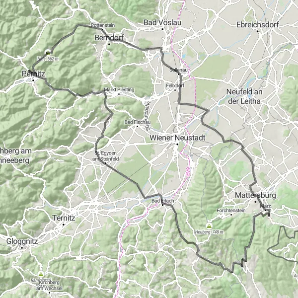Miniatuurkaart van de fietsinspiratie "Rohrbach-Sieggrabener Sattel-Bad Erlach-Pottenstein-Guglzipf-Marz-Rohrbach" in Burgenland, Austria. Gemaakt door de Tarmacs.app fietsrouteplanner