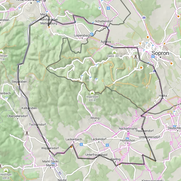 Map miniature of "Roads of Schattendorf" cycling inspiration in Burgenland, Austria. Generated by Tarmacs.app cycling route planner