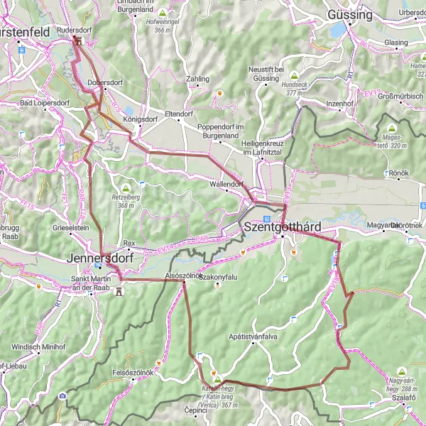 Miniaturní mapa "Trasa Dobersdorf – Szentgotthárd – Gračec – Orfalu – Jennersdorf – Gillersdorf" inspirace pro cyklisty v oblasti Burgenland, Austria. Vytvořeno pomocí plánovače tras Tarmacs.app