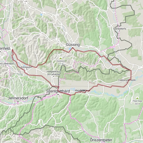 Miniatua del mapa de inspiración ciclista "Ruta de grava Eltendorf - Deutsch Minihof" en Burgenland, Austria. Generado por Tarmacs.app planificador de rutas ciclistas