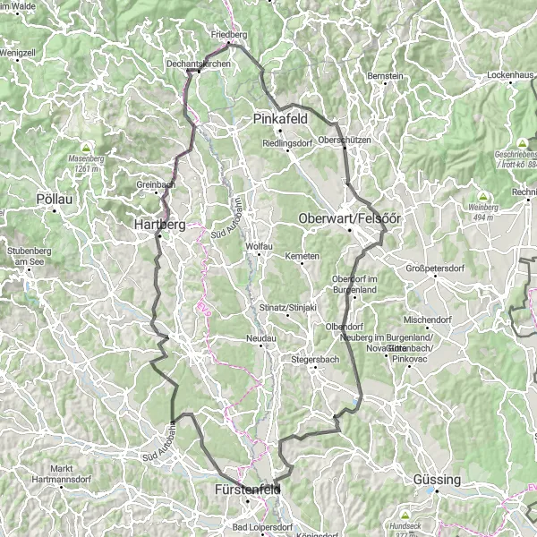 Miniaturní mapa "Trasa Altenmarkt bei Fürstenfeld – Hartberg – Grafendorf bei Hartberg – Oberschützen – Heugraben – Mitterriegel" inspirace pro cyklisty v oblasti Burgenland, Austria. Vytvořeno pomocí plánovače tras Tarmacs.app