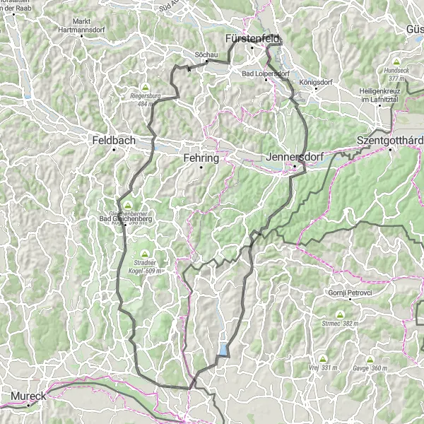 Map miniature of "The Fürstenfeld Adventure" cycling inspiration in Burgenland, Austria. Generated by Tarmacs.app cycling route planner