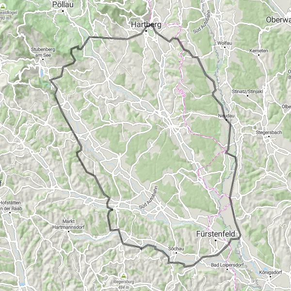 Karttaminiaatyyri "Historiallisten kohteiden reitti 99 kilometrin pyöräilyretkellä" pyöräilyinspiraatiosta alueella Burgenland, Austria. Luotu Tarmacs.app pyöräilyreittisuunnittelijalla
