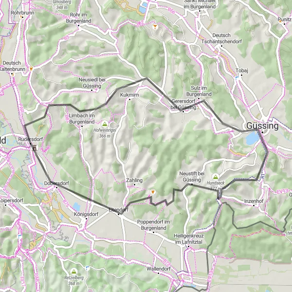 Zemljevid v pomanjšavi "Rudersdorf - Eltendorf Scenic Route" kolesarske inspiracije v Burgenland, Austria. Generirano z načrtovalcem kolesarskih poti Tarmacs.app