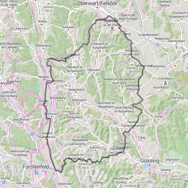 Miniatua del mapa de inspiración ciclista "Ruta de Ciclismo por Pueblos Rurales" en Burgenland, Austria. Generado por Tarmacs.app planificador de rutas ciclistas