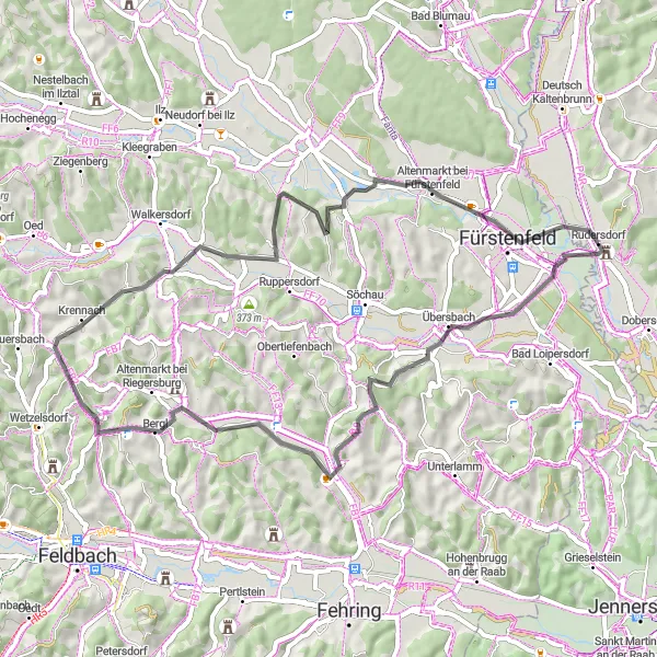 Miniatura della mappa di ispirazione al ciclismo "Giro in bicicletta a Rudersdorf attraverso Übersbach e Altenmarkt bei Fürstenfeld" nella regione di Burgenland, Austria. Generata da Tarmacs.app, pianificatore di rotte ciclistiche