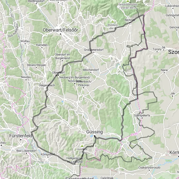 Miniaturní mapa "Významná okružní cyklotrasa od Rechnitzu" inspirace pro cyklisty v oblasti Burgenland, Austria. Vytvořeno pomocí plánovače tras Tarmacs.app