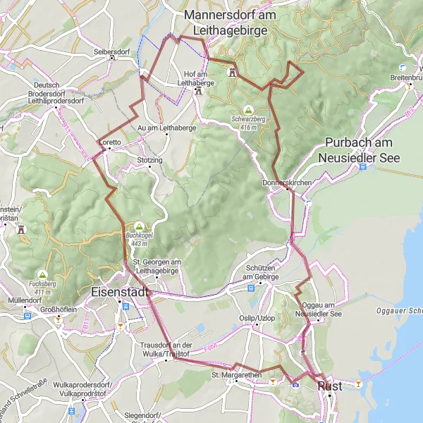 Mapa miniatúra "Gravel Rundtour durch Rust" cyklistická inšpirácia v Burgenland, Austria. Vygenerované cyklistickým plánovačom trás Tarmacs.app