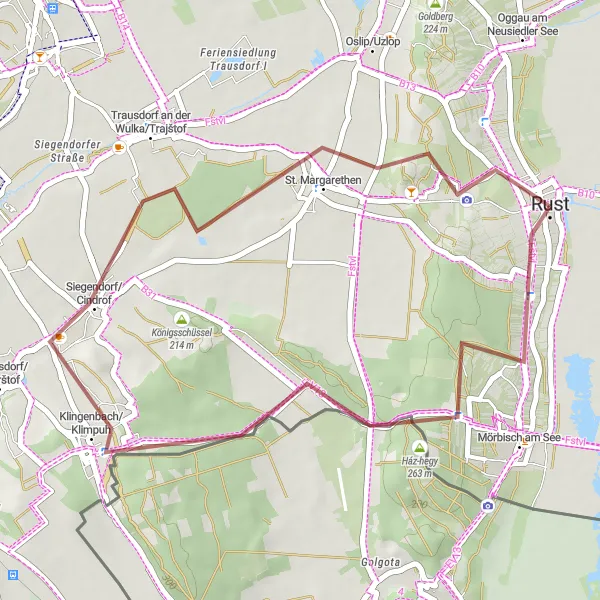 Mapa miniatúra "Gravelová kruhová cesta z Rustu" cyklistická inšpirácia v Burgenland, Austria. Vygenerované cyklistickým plánovačom trás Tarmacs.app