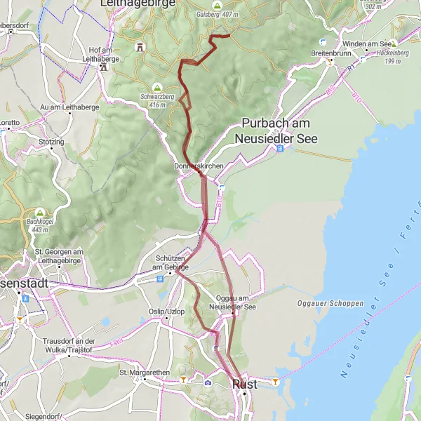 Miniatura della mappa di ispirazione al ciclismo "Giro in bicicletta tra Rust e Hölzlstein" nella regione di Burgenland, Austria. Generata da Tarmacs.app, pianificatore di rotte ciclistiche