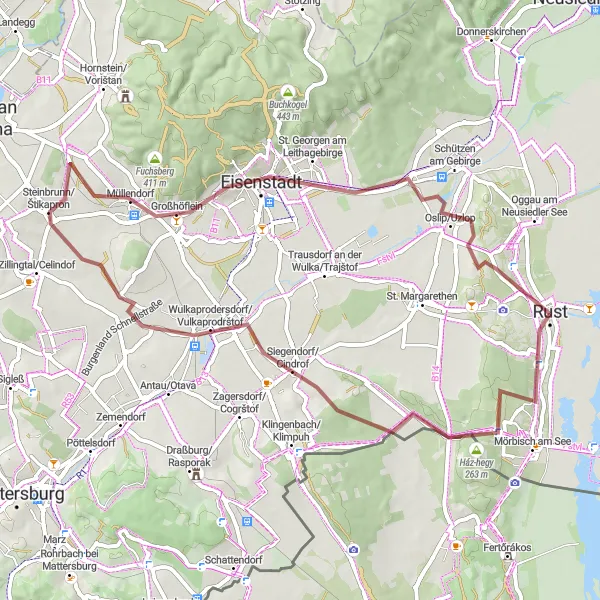 Miniatua del mapa de inspiración ciclista "Ruta de Grava desde Rust" en Burgenland, Austria. Generado por Tarmacs.app planificador de rutas ciclistas