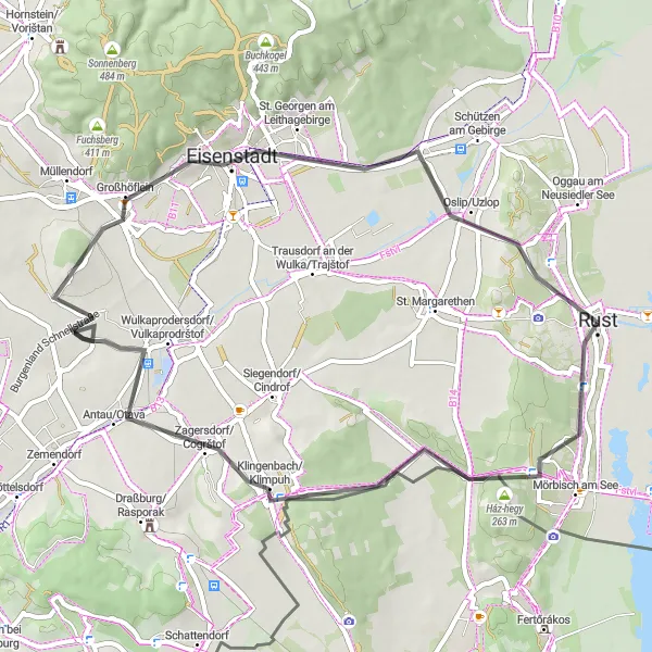 Miniatua del mapa de inspiración ciclista "Ruta en Carretera de Rust" en Burgenland, Austria. Generado por Tarmacs.app planificador de rutas ciclistas