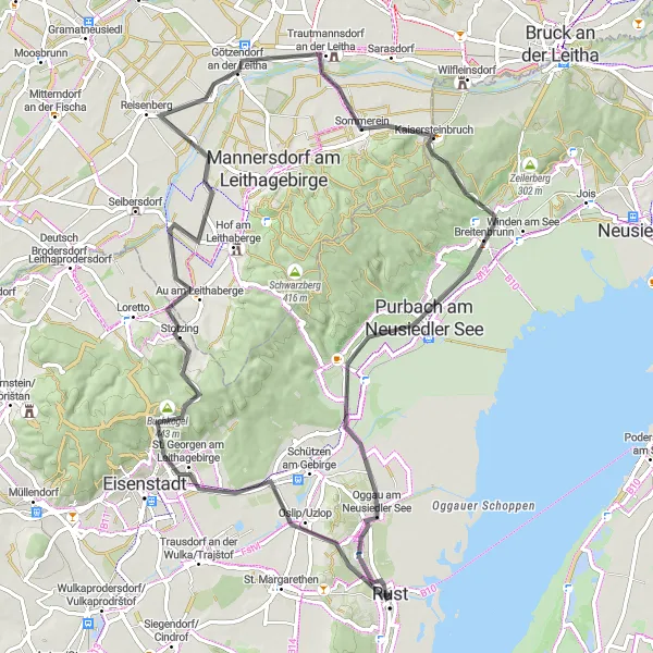 Zemljevid v pomanjšavi "Razgibana kolesarska pot skozi Rust" kolesarske inspiracije v Burgenland, Austria. Generirano z načrtovalcem kolesarskih poti Tarmacs.app
