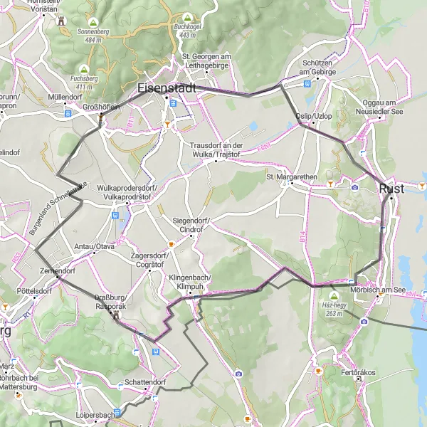 Miniatua del mapa de inspiración ciclista "Ruta en carretera por los viñedos de Burgenland" en Burgenland, Austria. Generado por Tarmacs.app planificador de rutas ciclistas