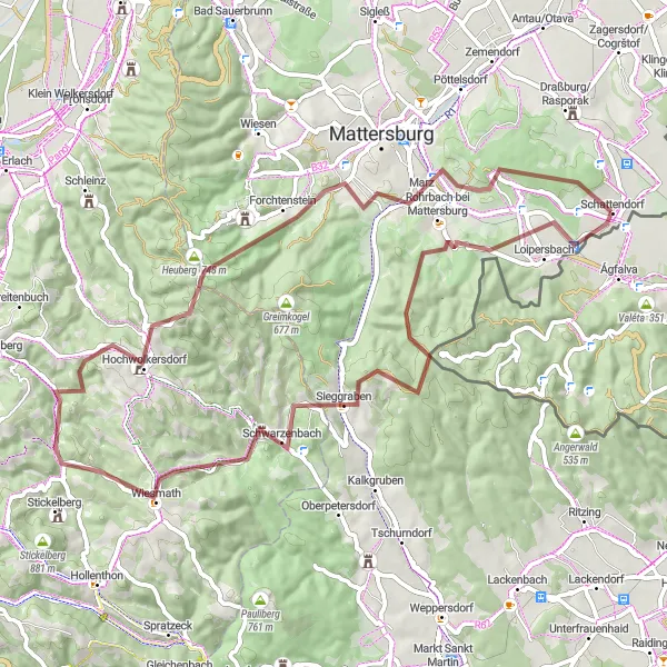 Map miniature of "Gravel Adventure through Schattendorf" cycling inspiration in Burgenland, Austria. Generated by Tarmacs.app cycling route planner