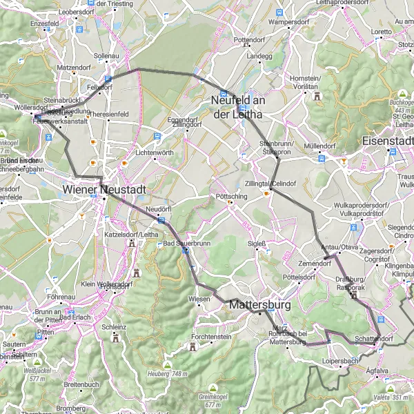 Map miniature of "Mattersburg Road Route" cycling inspiration in Burgenland, Austria. Generated by Tarmacs.app cycling route planner