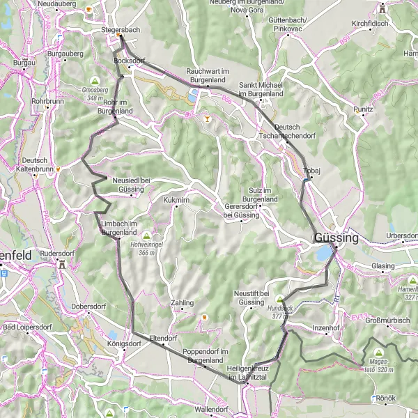 Miniaturní mapa "Okruh kolem Stegersbach" inspirace pro cyklisty v oblasti Burgenland, Austria. Vytvořeno pomocí plánovače tras Tarmacs.app