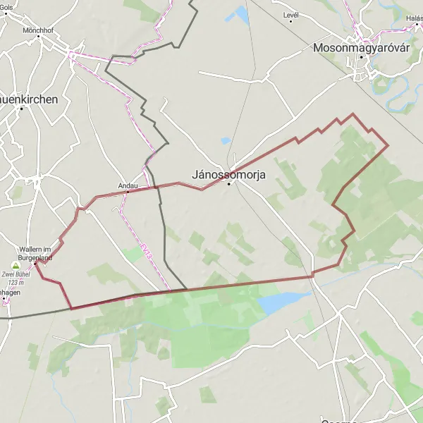 Miniatua del mapa de inspiración ciclista "Ruta de 73 km en grava desde Wallern im Burgenland" en Burgenland, Austria. Generado por Tarmacs.app planificador de rutas ciclistas