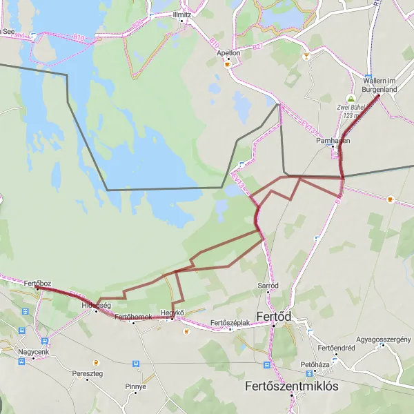 Miniaturní mapa "Trasa Wallern im Burgenland - Hansági-főcsatorna madármegfigyelő torony" inspirace pro cyklisty v oblasti Burgenland, Austria. Vytvořeno pomocí plánovače tras Tarmacs.app