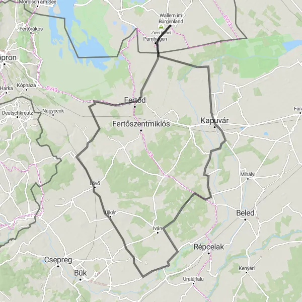 Miniatua del mapa de inspiración ciclista "Ruta de 112 km en carretera desde Wallern im Burgenland" en Burgenland, Austria. Generado por Tarmacs.app planificador de rutas ciclistas
