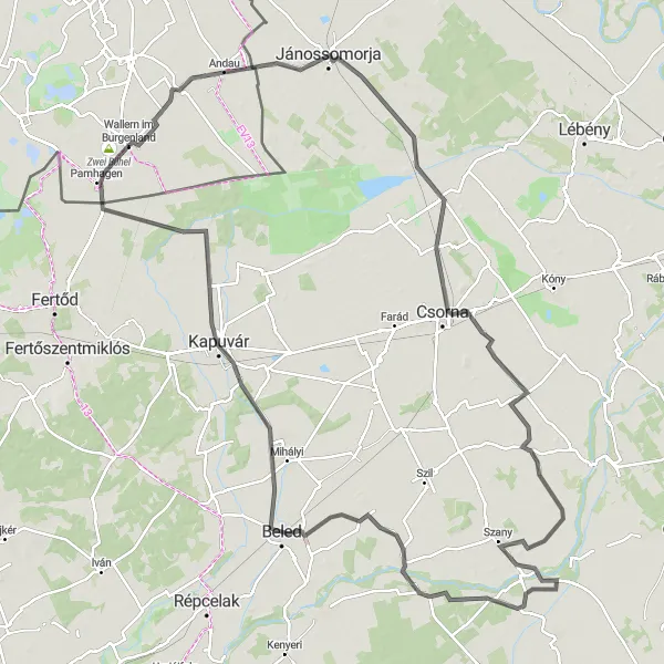 Miniatura della mappa di ispirazione al ciclismo "Tour tra le città di Andau e Pamhagen" nella regione di Burgenland, Austria. Generata da Tarmacs.app, pianificatore di rotte ciclistiche