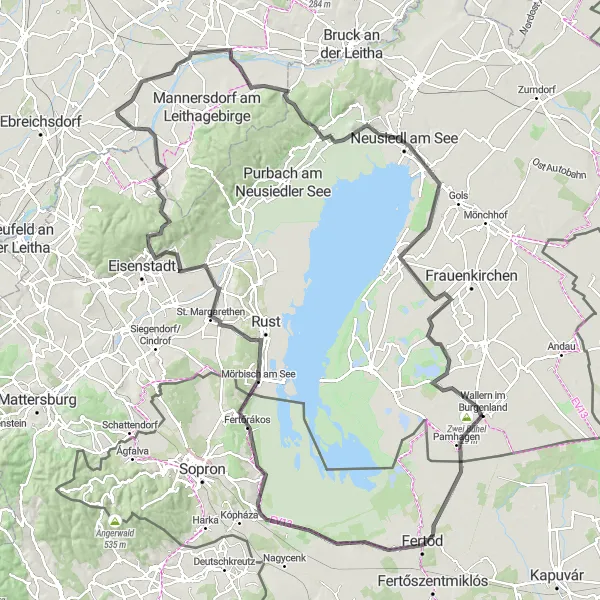 Miniatua del mapa de inspiración ciclista "Ruta de ciclismo en carretera hacia Neusiedl am See y Podersdorf am See" en Burgenland, Austria. Generado por Tarmacs.app planificador de rutas ciclistas