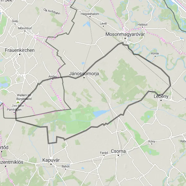 Kartminiatyr av "Løypa gjennom Andau til Pamhagen" sykkelinspirasjon i Burgenland, Austria. Generert av Tarmacs.app sykkelrutoplanlegger
