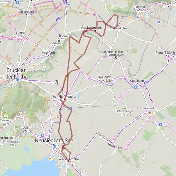 Karttaminiaatyyri "Pandorfin kierros" pyöräilyinspiraatiosta alueella Burgenland, Austria. Luotu Tarmacs.app pyöräilyreittisuunnittelijalla