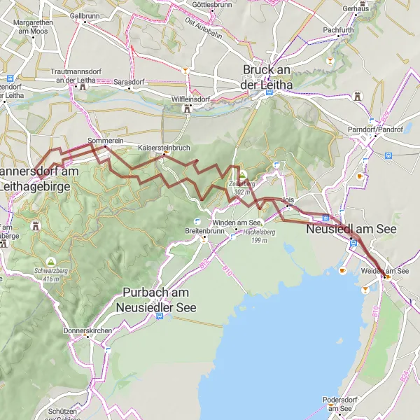 Miniature de la carte de l'inspiration cycliste "Défi des collines du Leithagebirge" dans la Burgenland, Austria. Générée par le planificateur d'itinéraire cycliste Tarmacs.app