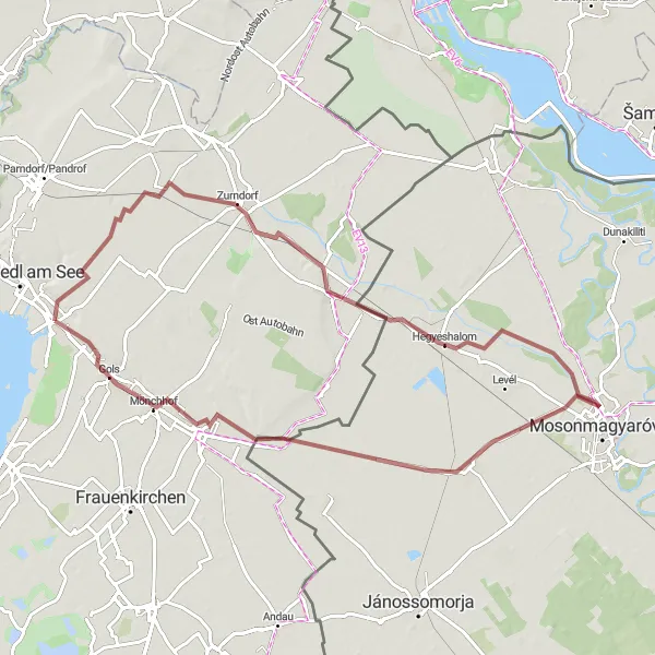 Mapa miniatúra "Gravelová okružná trasa cez Zurndorf a Hegyeshalom" cyklistická inšpirácia v Burgenland, Austria. Vygenerované cyklistickým plánovačom trás Tarmacs.app