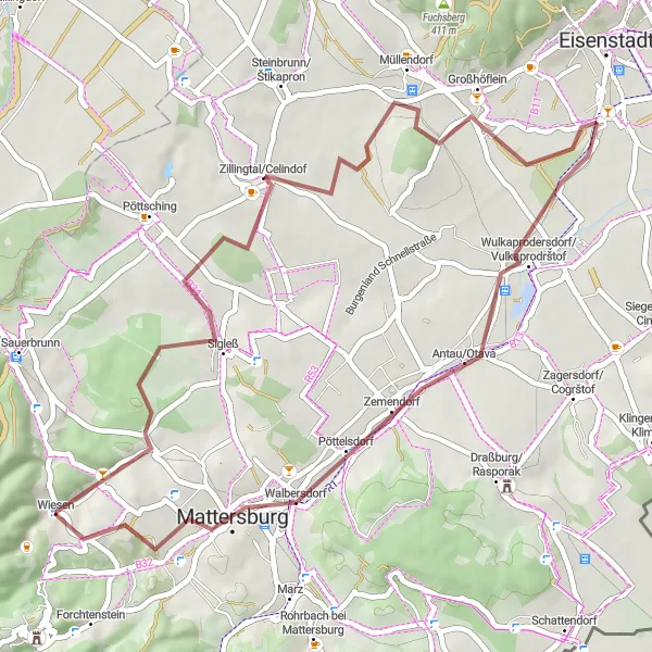 Map miniature of "Kogelberg and Historical Villages" cycling inspiration in Burgenland, Austria. Generated by Tarmacs.app cycling route planner