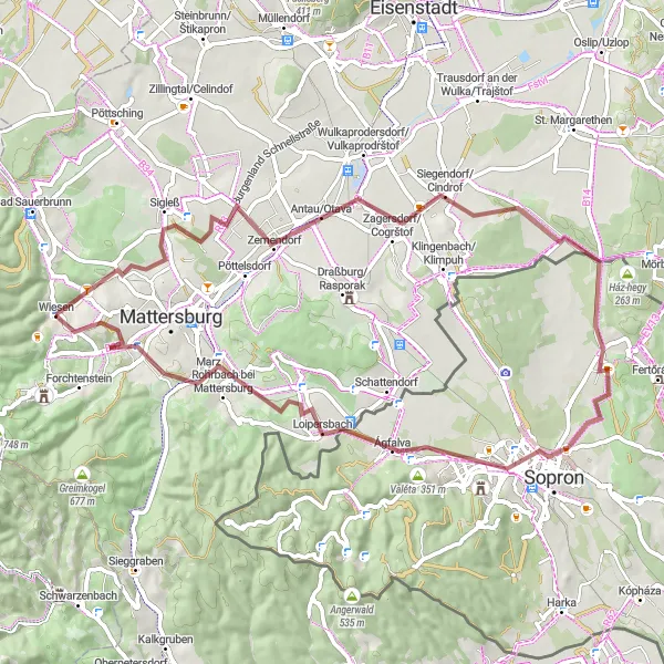 Zemljevid v pomanjšavi "Raznolika pot od Wiesena do okoliških gričev" kolesarske inspiracije v Burgenland, Austria. Generirano z načrtovalcem kolesarskih poti Tarmacs.app